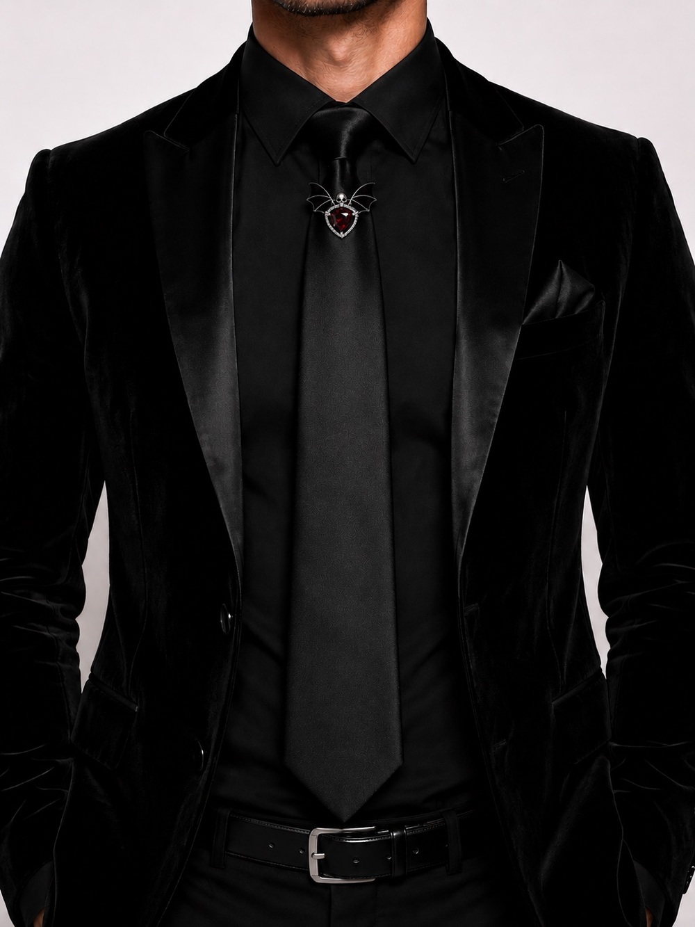 Men’s Black Tie With Skull Bat Brooch Unique Goth